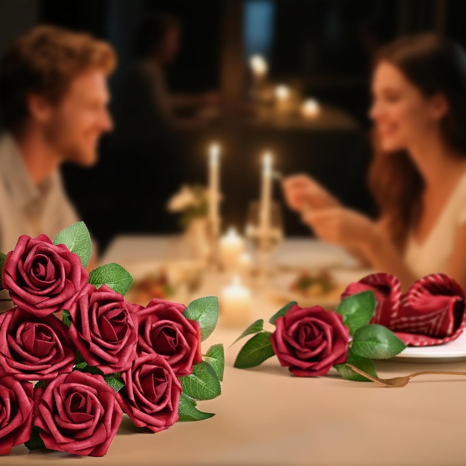 9 Pcs Artificial Flowers Fake Rose with Stems – Red Real Touch Foam Roses for…