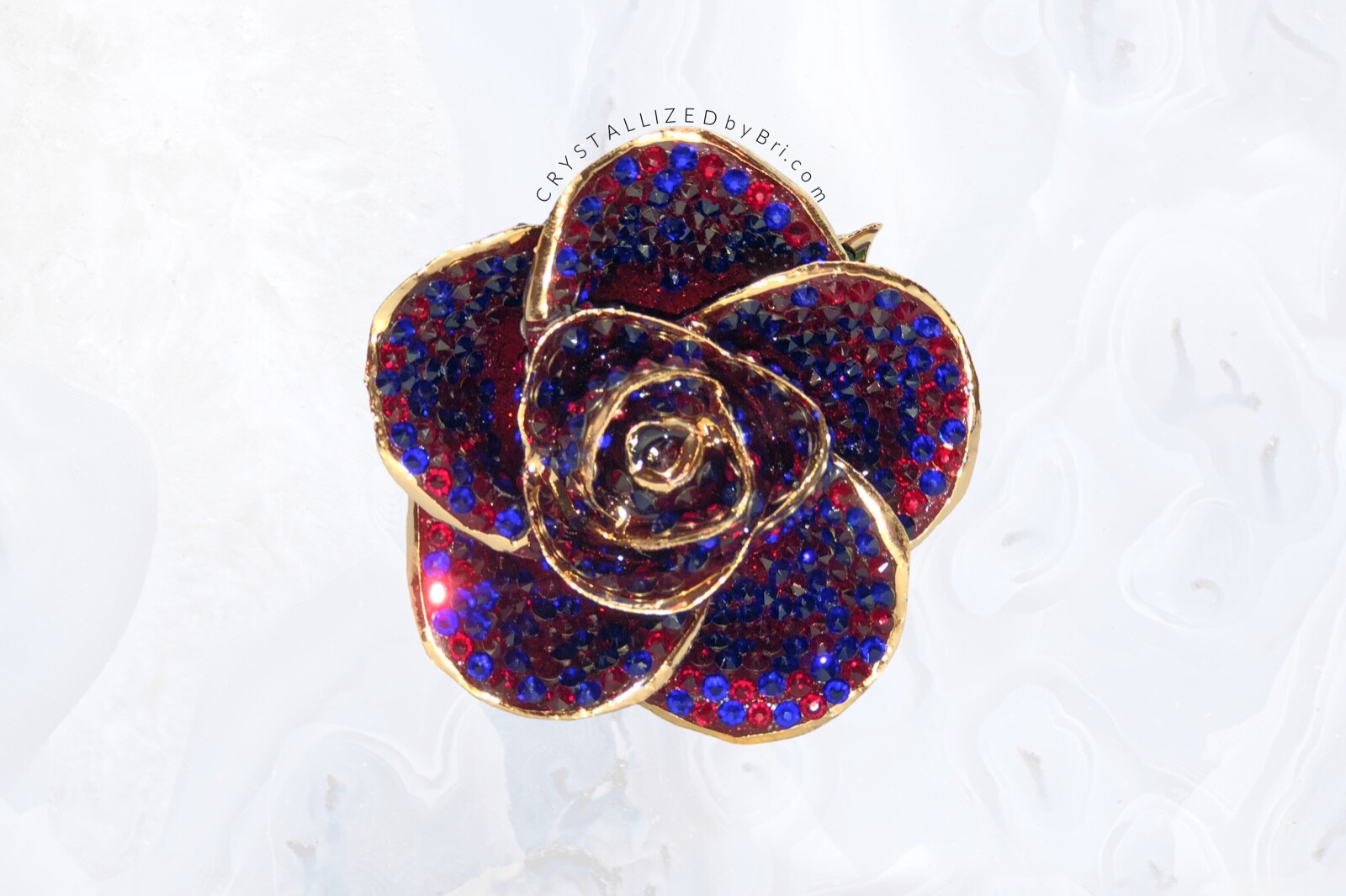 Bling Preserved Rose AUSTRIAN CRYSTAL Red Bedazzled Real Gold Trim Dipped Custom