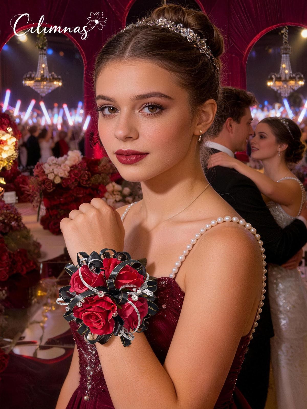 Cilimnas Prom Corsage and Boutonniere Set Red Black,Artificial Silk Rose Wris…