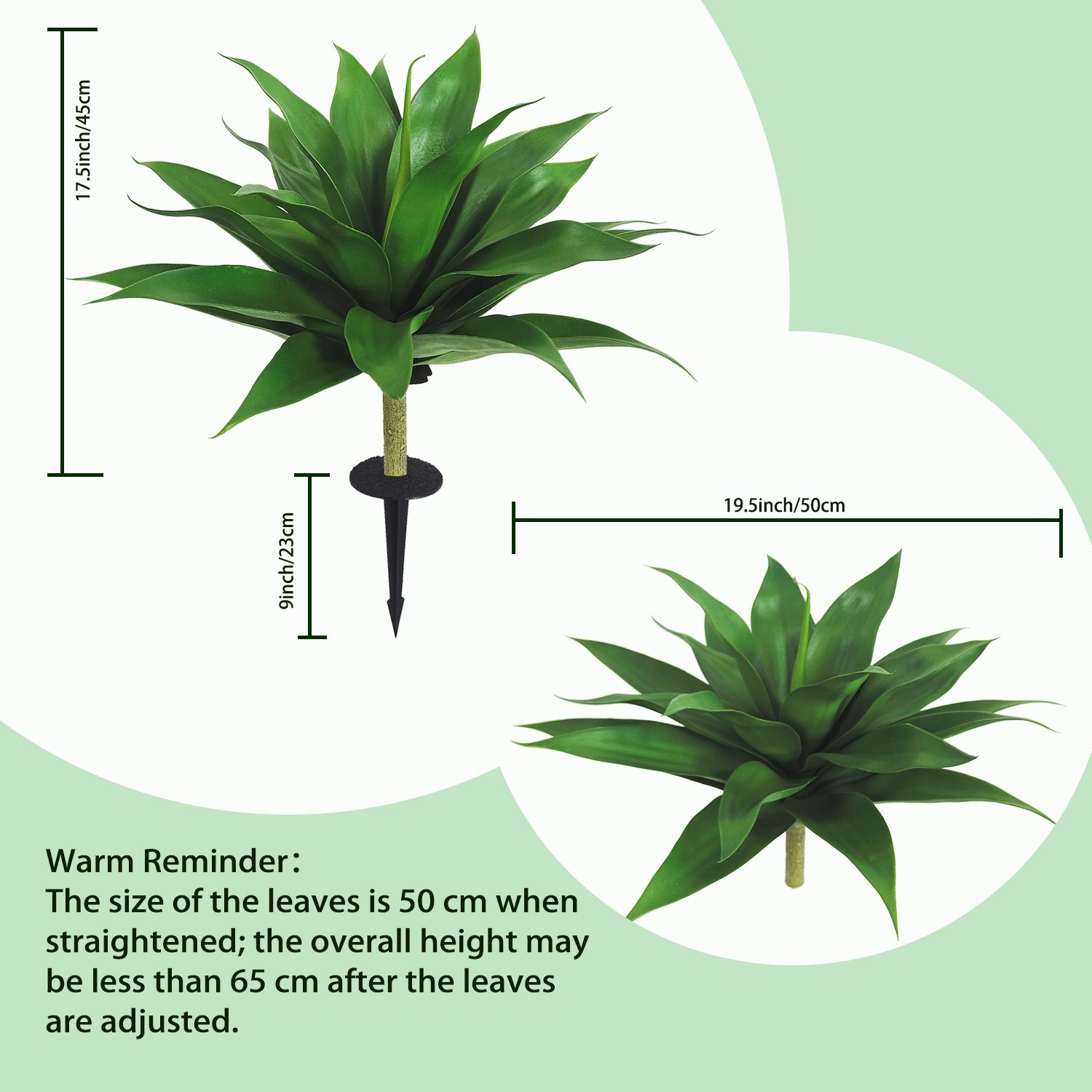19.7 in Artificial 24 Leaves Agave Floor Stem Insert Plant, Indoor Outdoor Decor