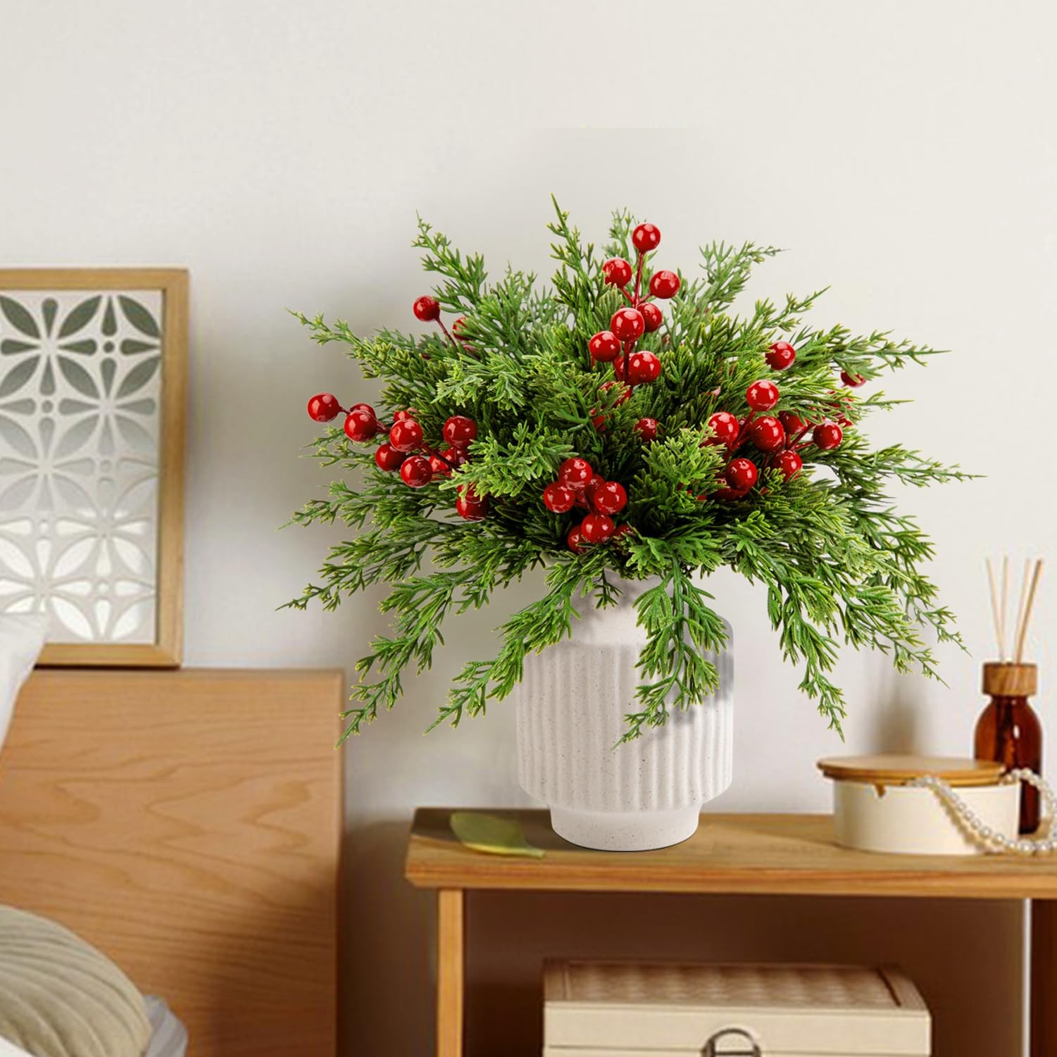 45 Pcs Christmas Artificial Pine Branches with Red Stems, 10.5″ Faux Evergree…