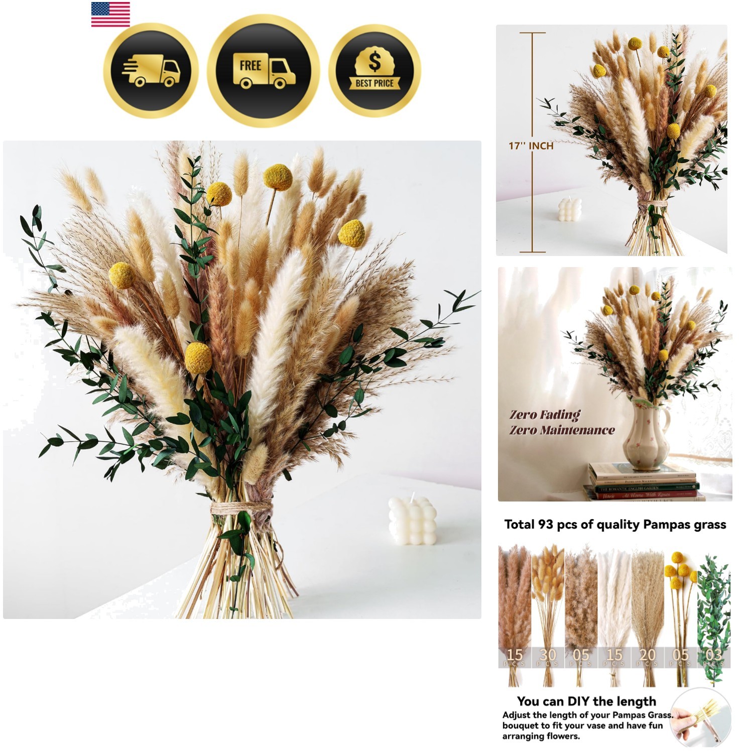 Boho Dried Flowers Bouquet – Olive Green Wall Decor, Pampas Grass Bouquet, Ru…