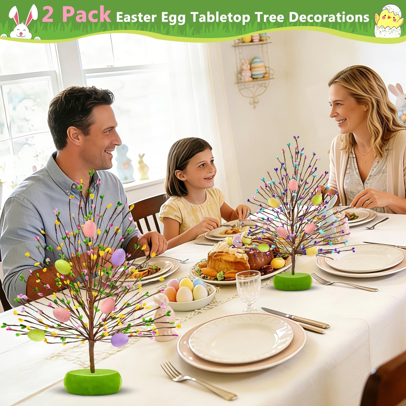 TURNMEON Easter Decorations 2 Pack Tree with 14 Pastel Eggs Multicolor