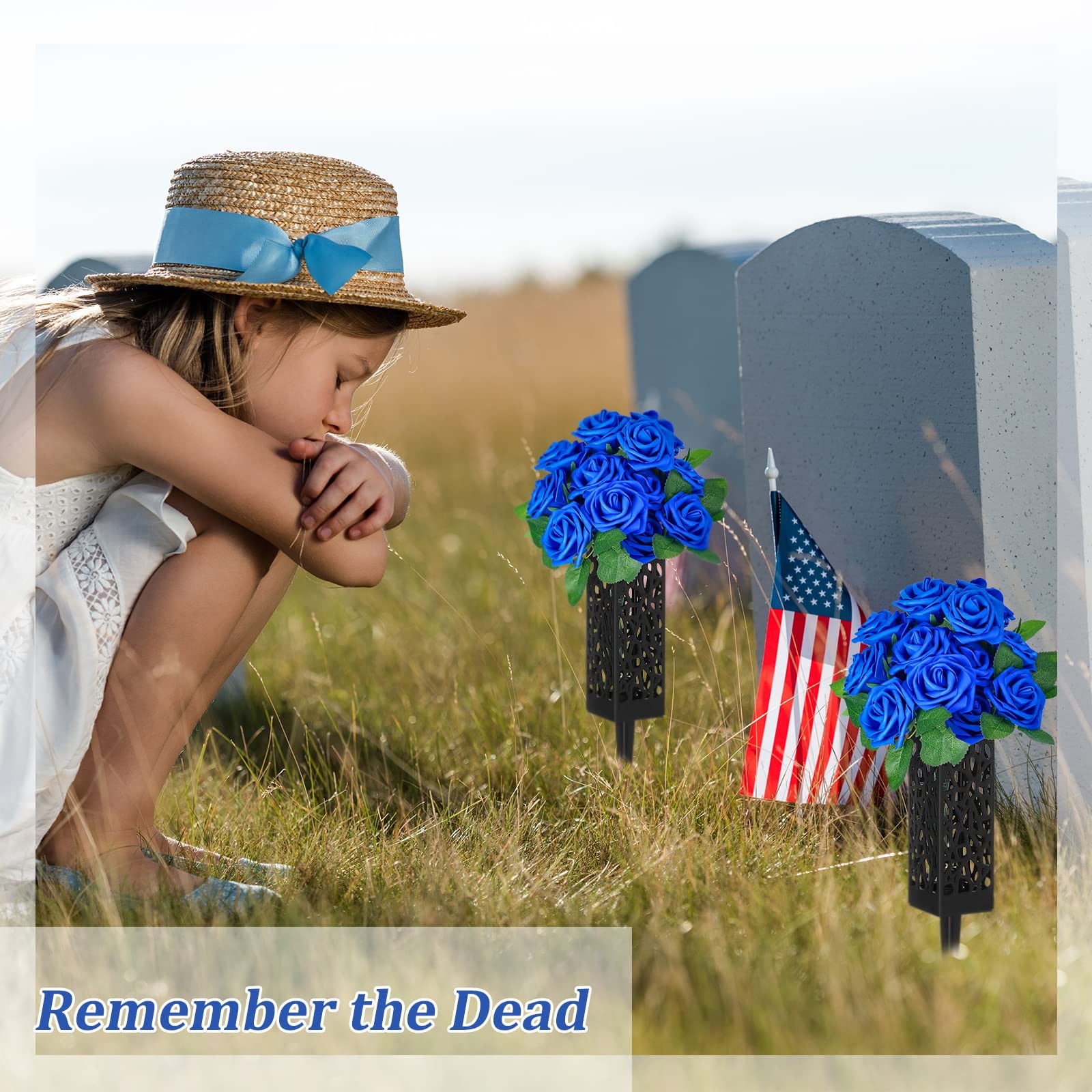 50 Artificial Cemetery Flowers with 2 Cemetery Vase Blue Rose Floral Grave De…