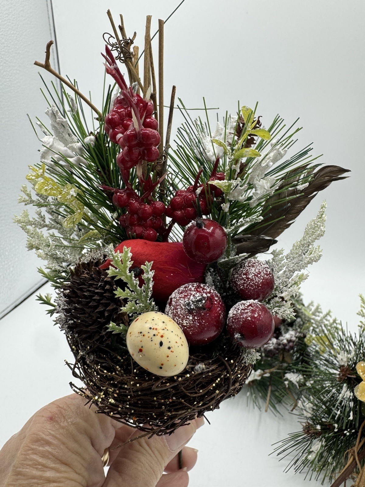 4 Vintage Cardinal Nest Faux Stems Stick Pinecone Berries Egg 9” Snow