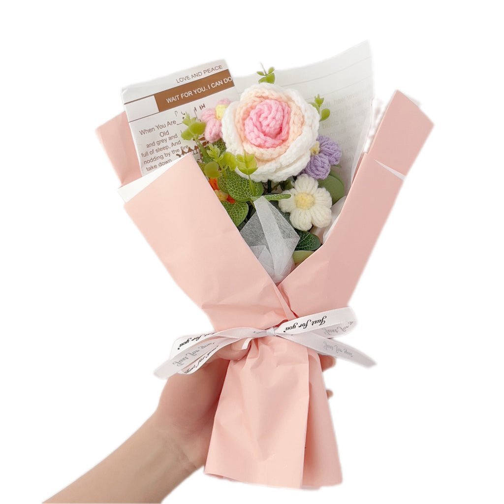 Rose Crochet Flowers Bouquet Knitted Flower Wrap with Light and Bag for Gift Hom