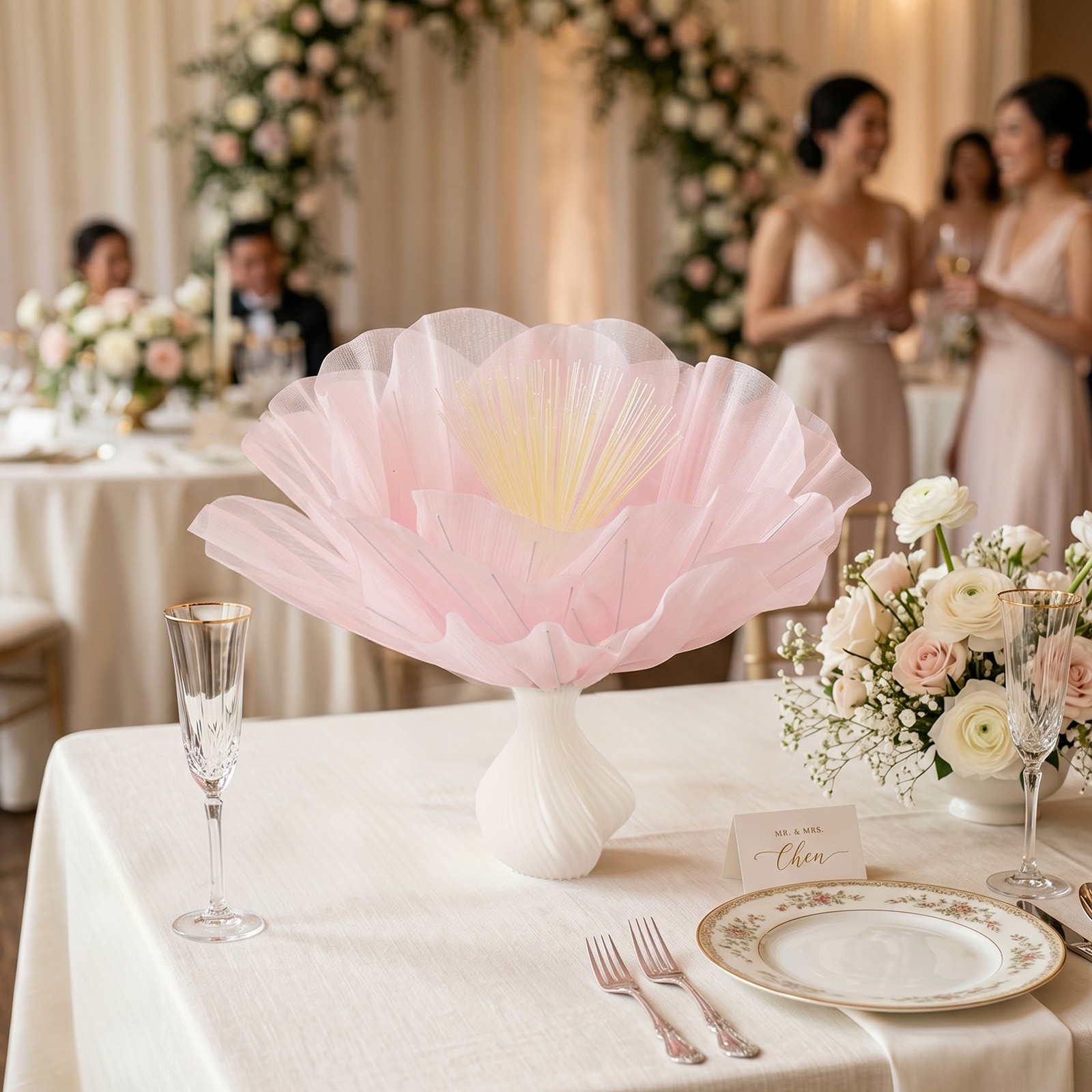Desktop Pink Organza Artificial Flower With Vase Atmosphere Lamp Ornament