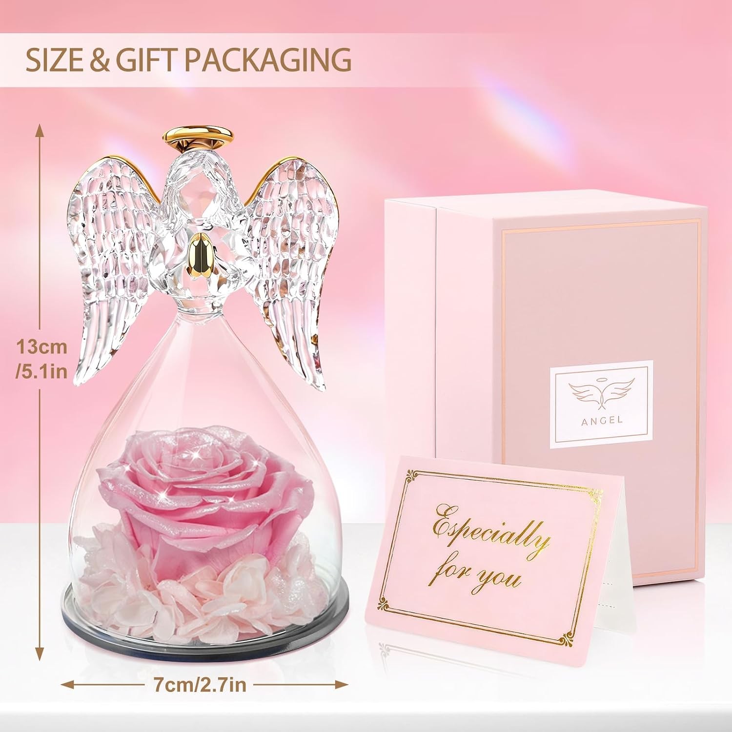 Angel Statue with Preserved Rose Gift Decorative Keepsake for Mom