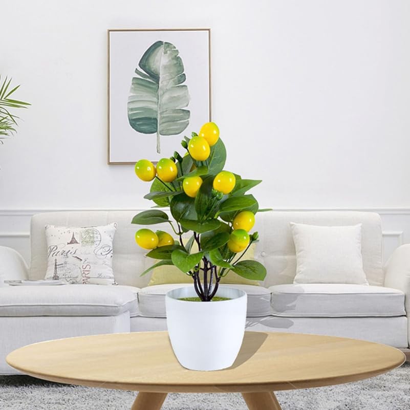 Artificial Mini Lemon Tree Potted Plant 2 PCS Faux Bonsai Decor Fruit Home