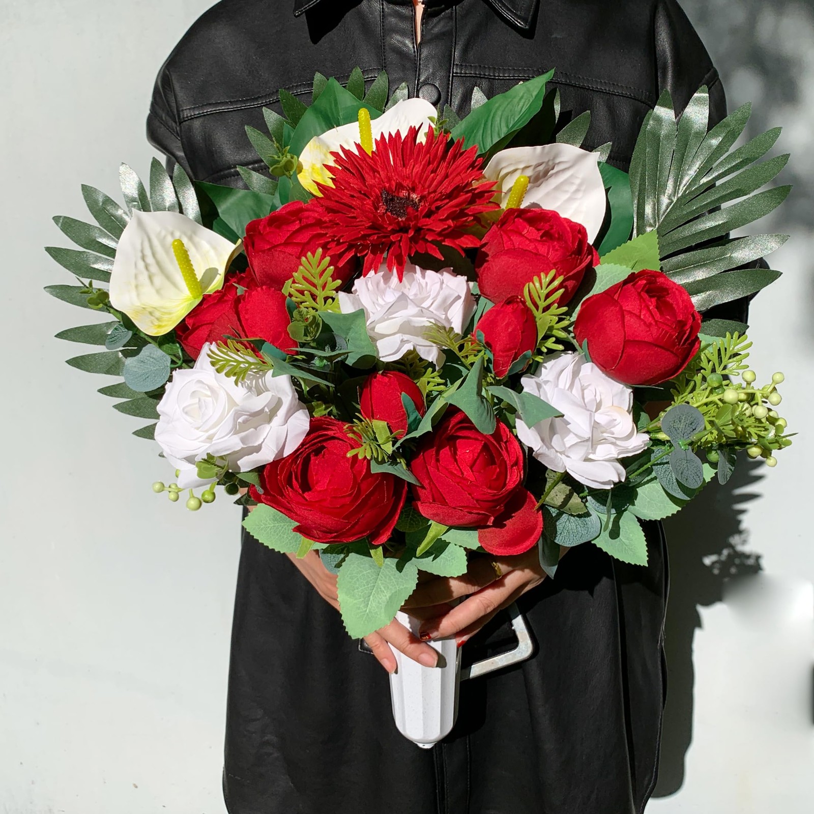 Artificial Cemetery Flowers Grave Memorial Bouquet Red Camellia White Rose Vase