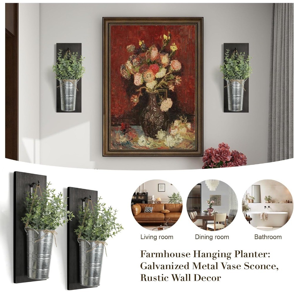 Set of 2 Wood Hanging Planters with Artificial Eucalyptus, Wall Decor