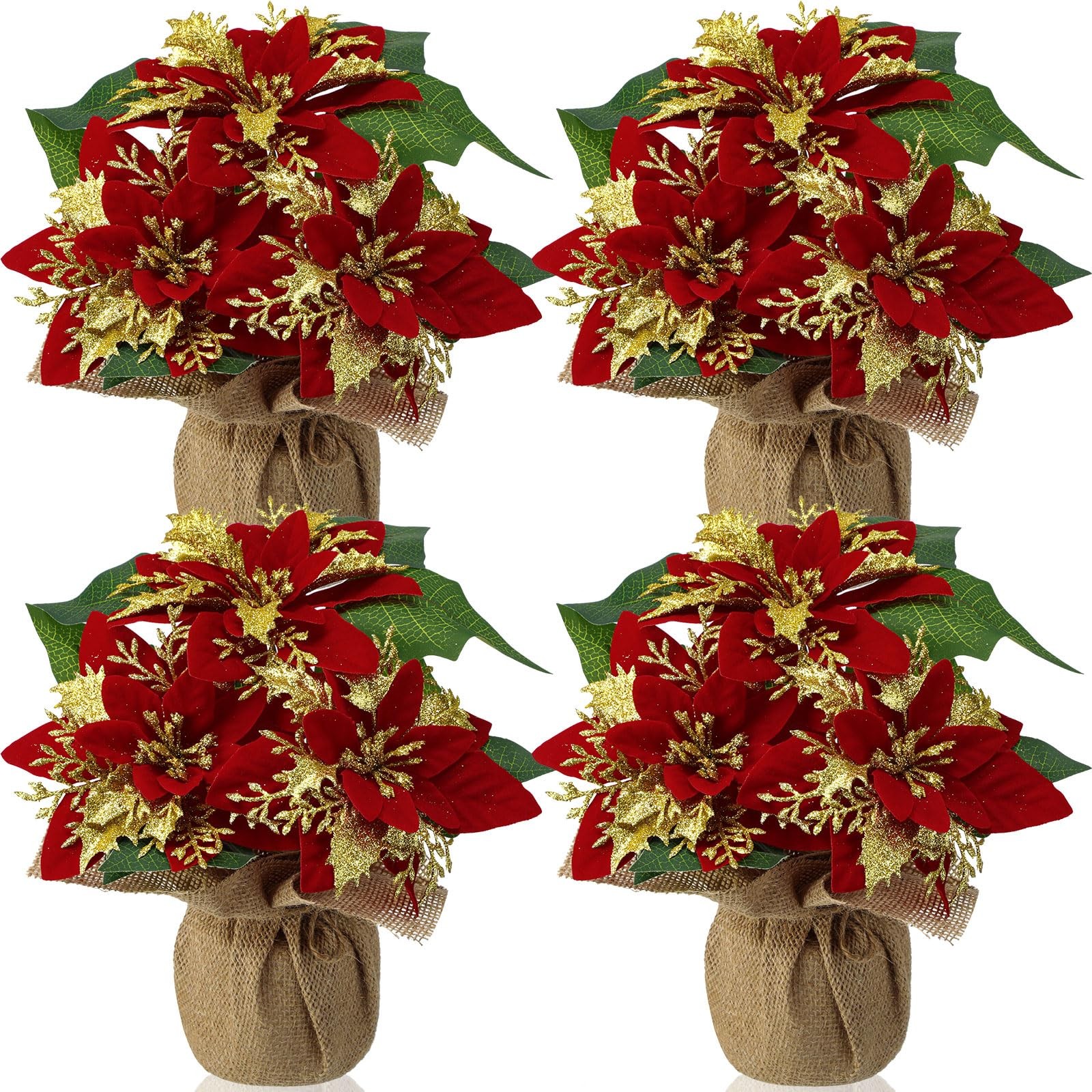 4 PCS 9 Inch Red Glitter Artificial Poinsettias In Pots Burlap Centerpiece