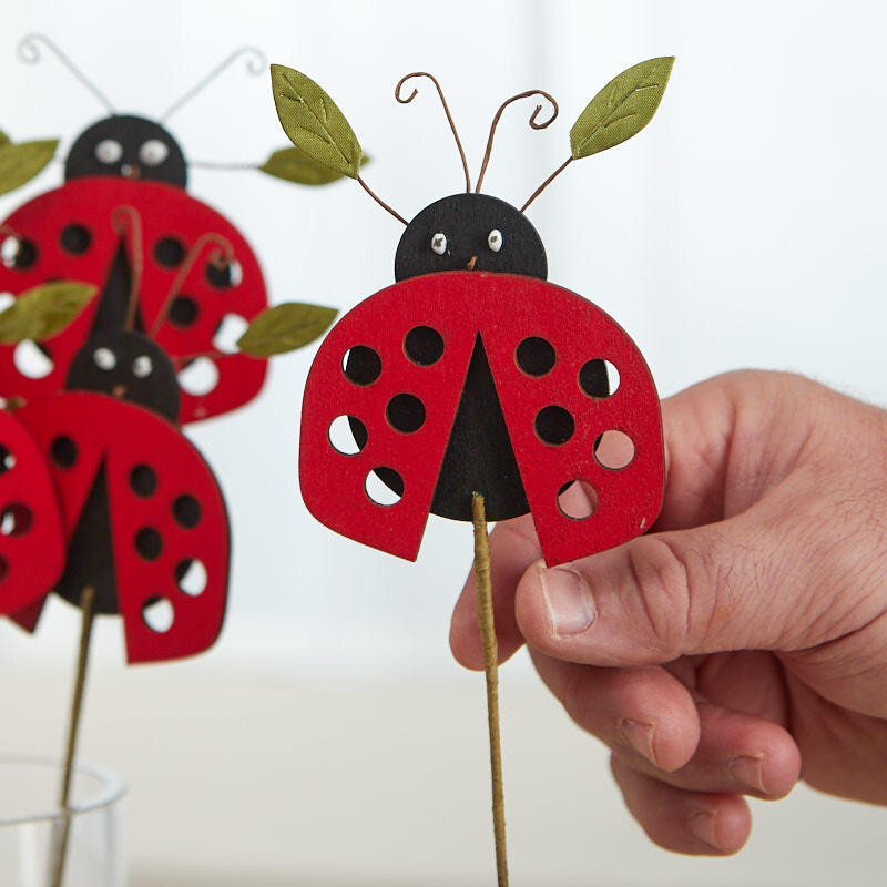 Package of 6 Whimsical Wood Ladybug 14″ Floral Picks