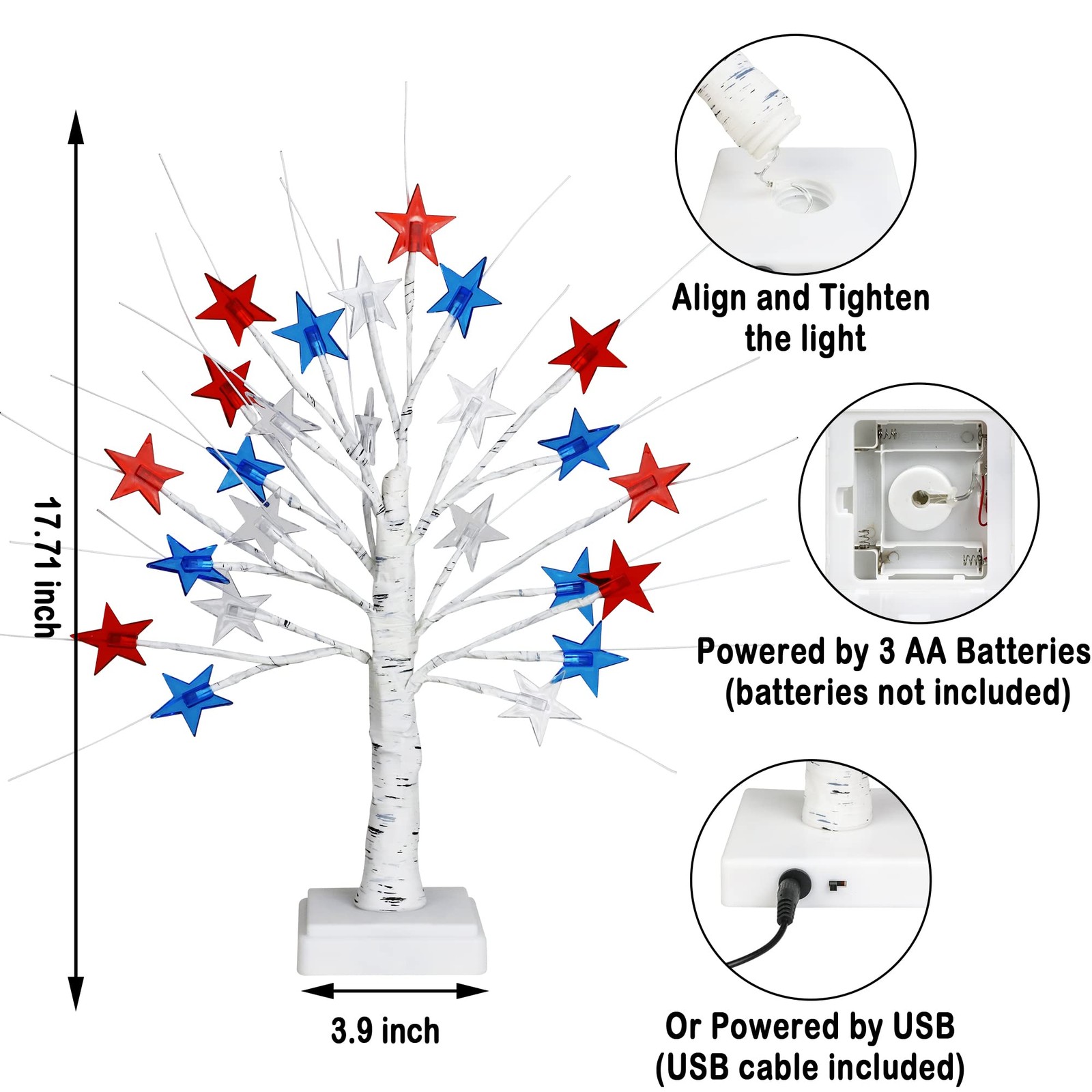 [Timer] 2 Pack 18 Inch 4th of July Patriotic Decorations Tree Light with 24 L…