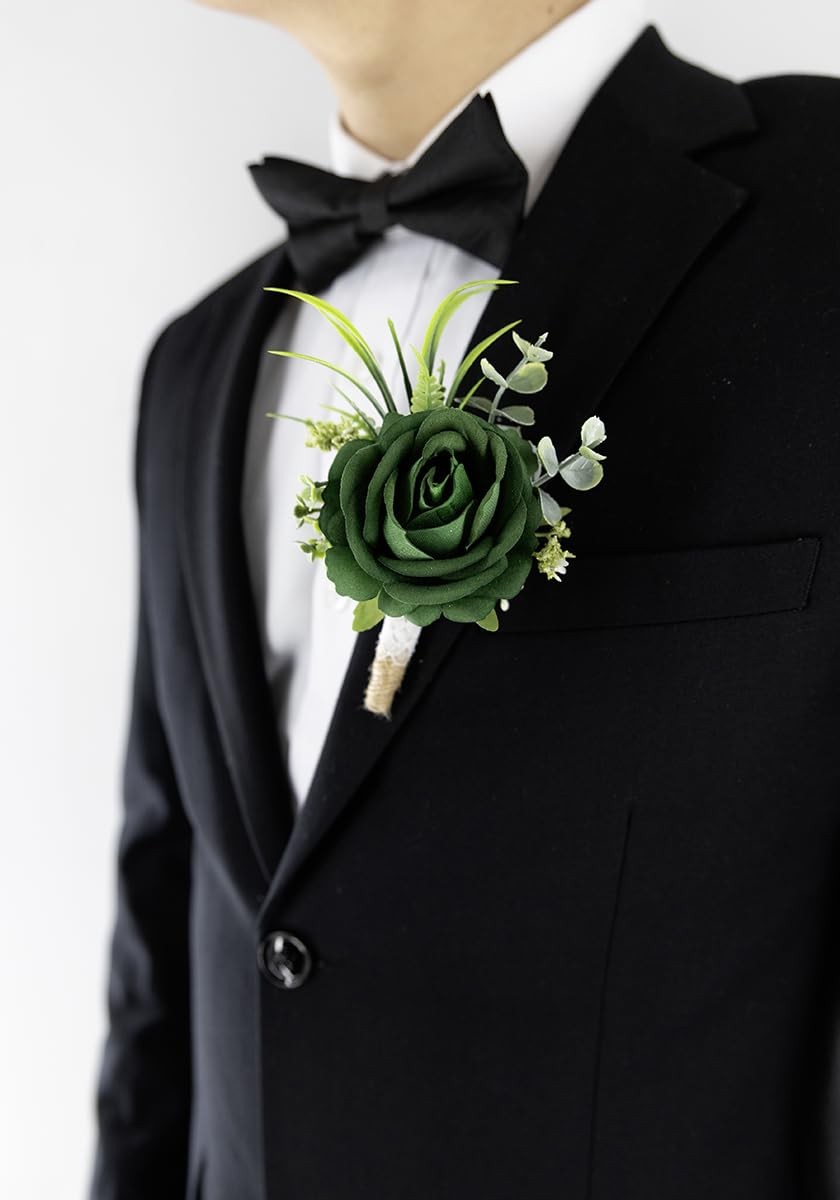 Green Set of 6 Boutonniere for Best Men Groom Groomsmen Buttonholes for Weddi…