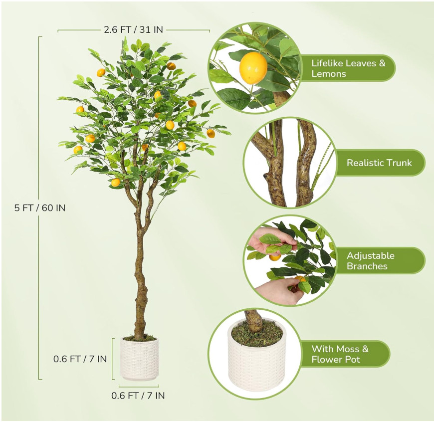 5FT Artificial Lemon Tree – 60In Fake Lemon Tree for Home Office Decor