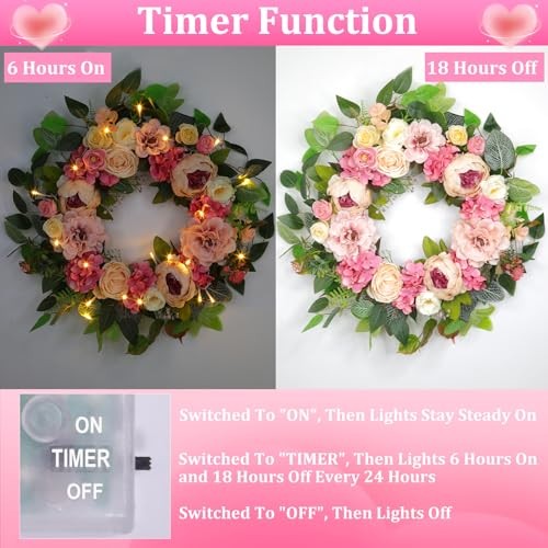 [Lighted & Timer] 22″ Spring Summer Wreaths for Front Door Peony Wreath with