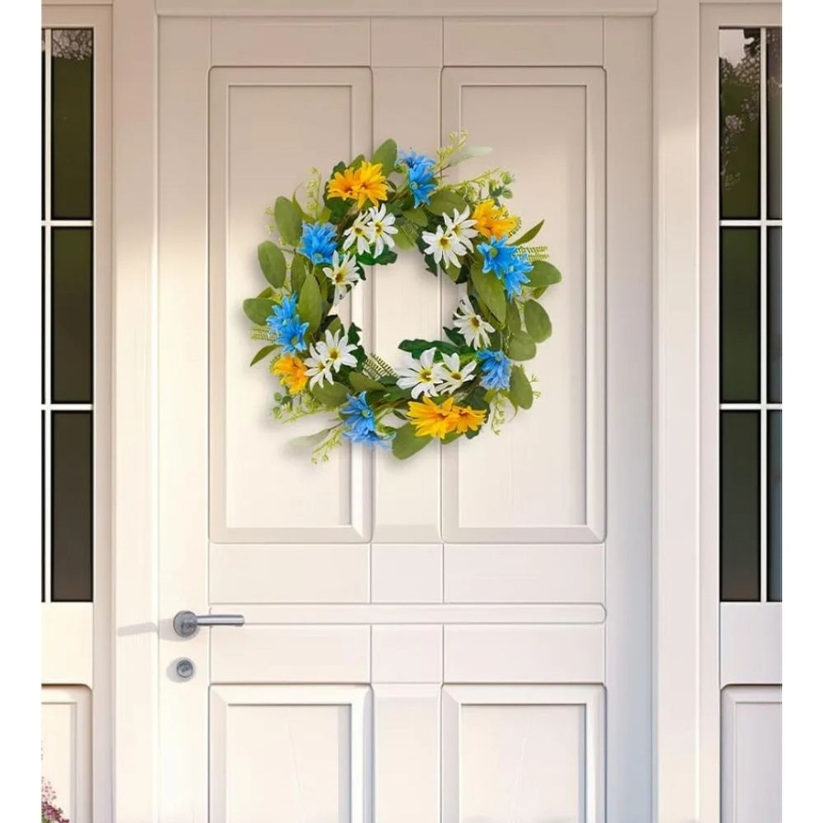 Summer Wreath 20inch Floral Door Wreath with Blue, Yellow, and White Flowers