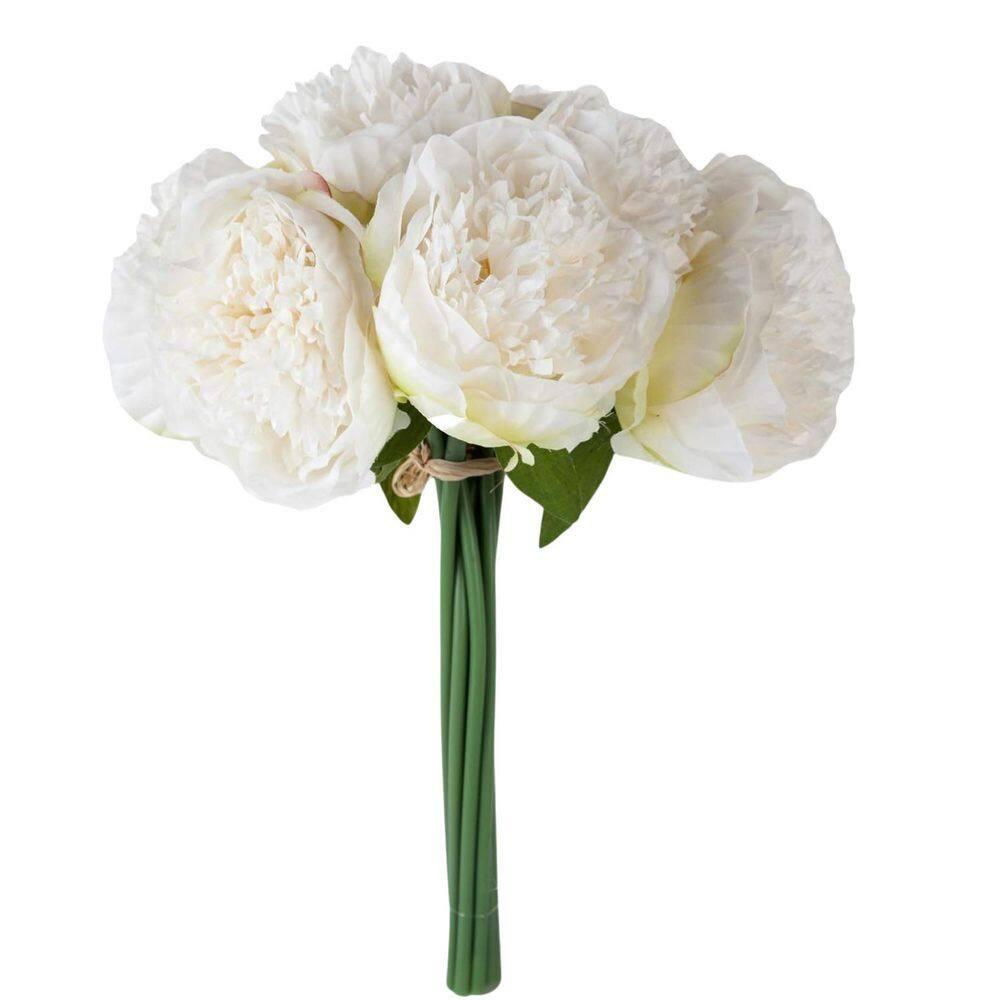 2-Bouquet 10-Heads White Artificial Peony Silk Flower and Leaf Home Office with