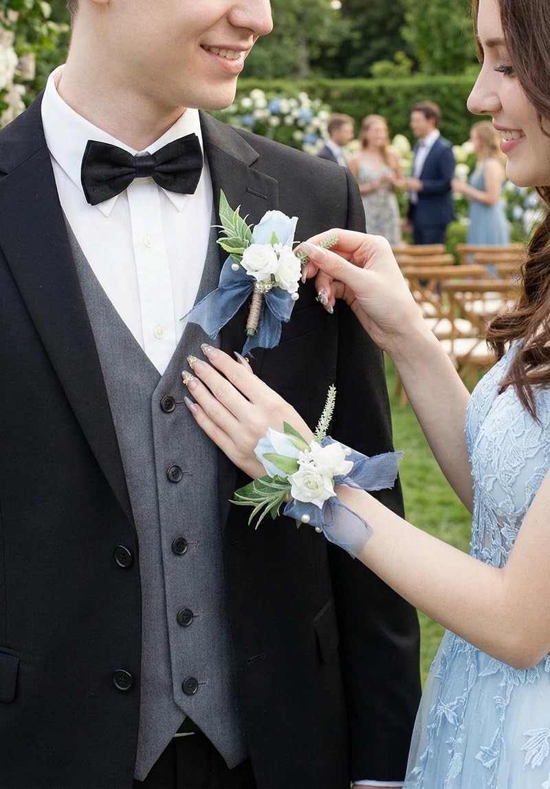 Light Blue Corsage Boutonniere Set Wedding Prom Artificial Rose Men Suit