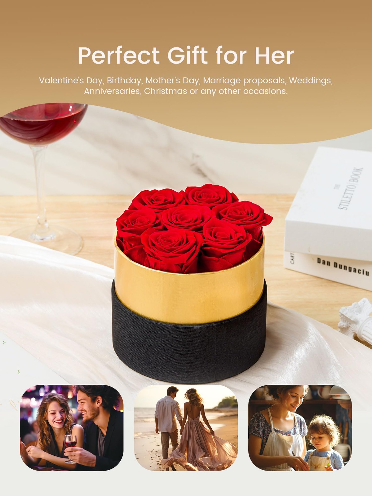 Long Lasting Preserved Red Roses In Round Black Gold Box Forever Flowers