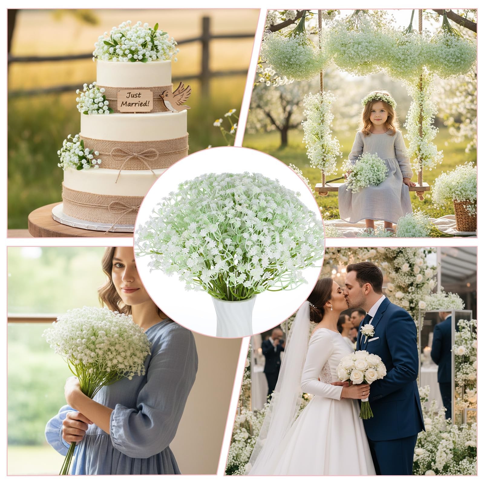 100 PCS White Baby Breath Artificial Flowers Bulk Faux Bouquet Wedding