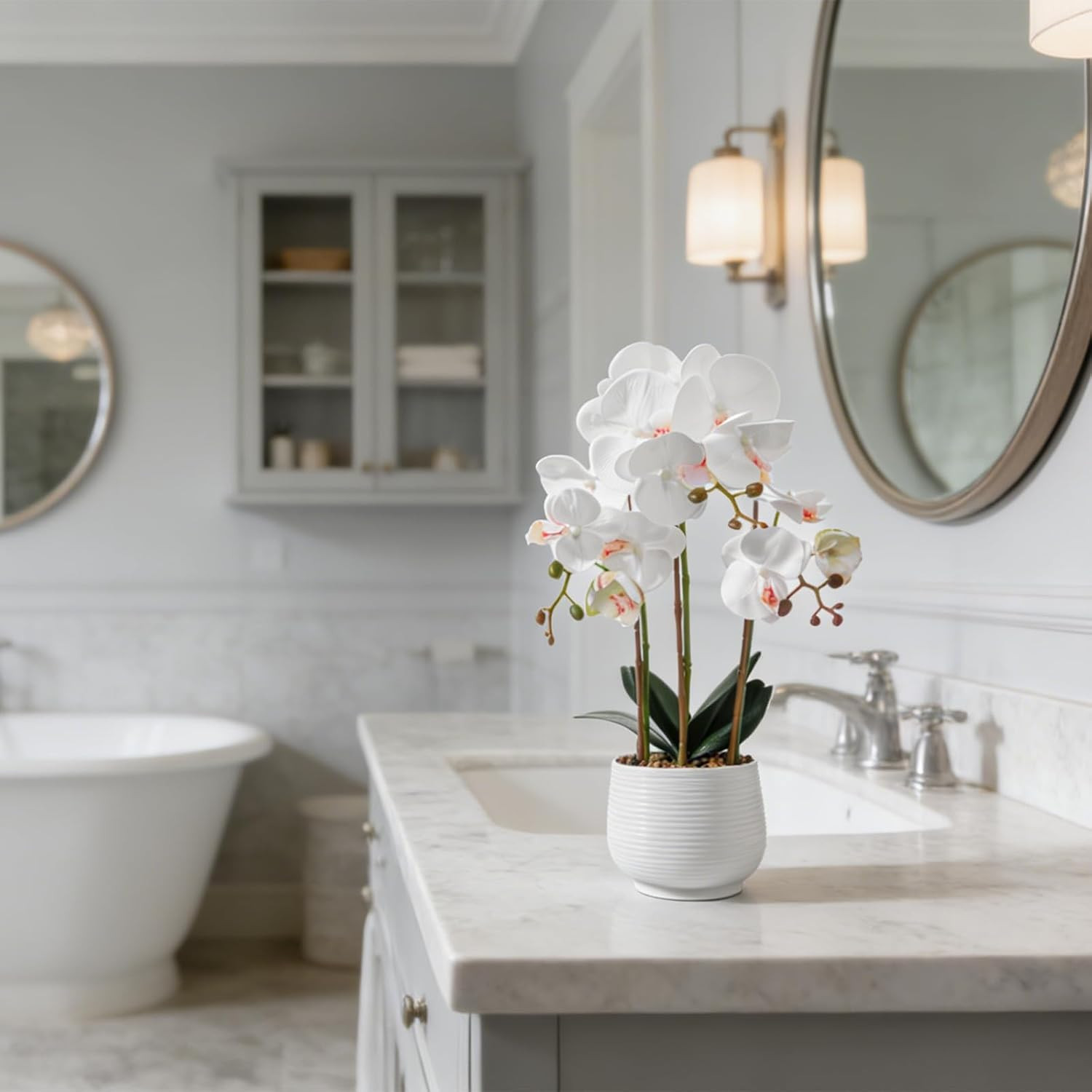 Lifelike White 3-Stem Artificial Orchid Plant in Pot for Home Decor
