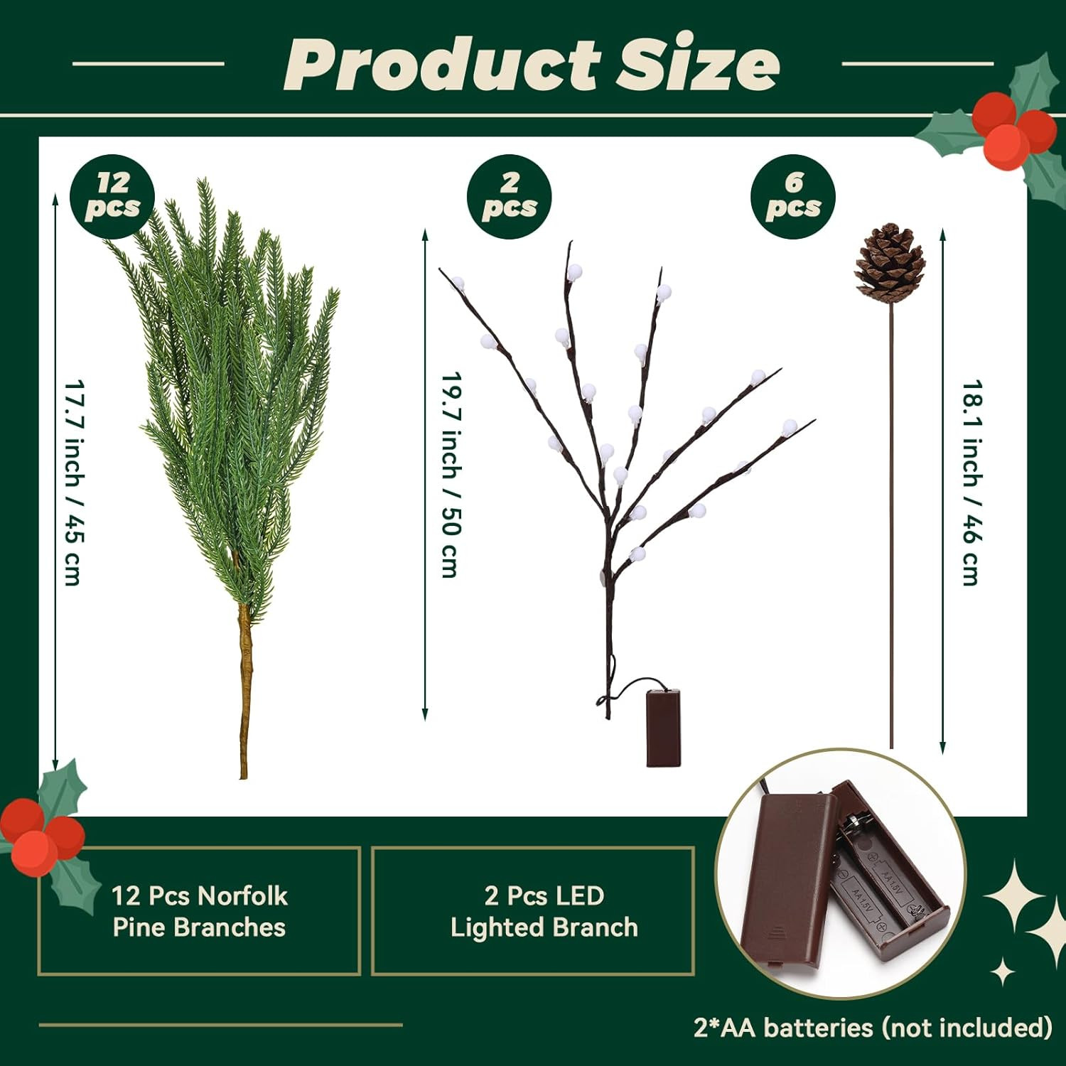 20 Pcs Christmas Norfolk Pine Branches with Lights Set Includes 12 19.7″ Artific