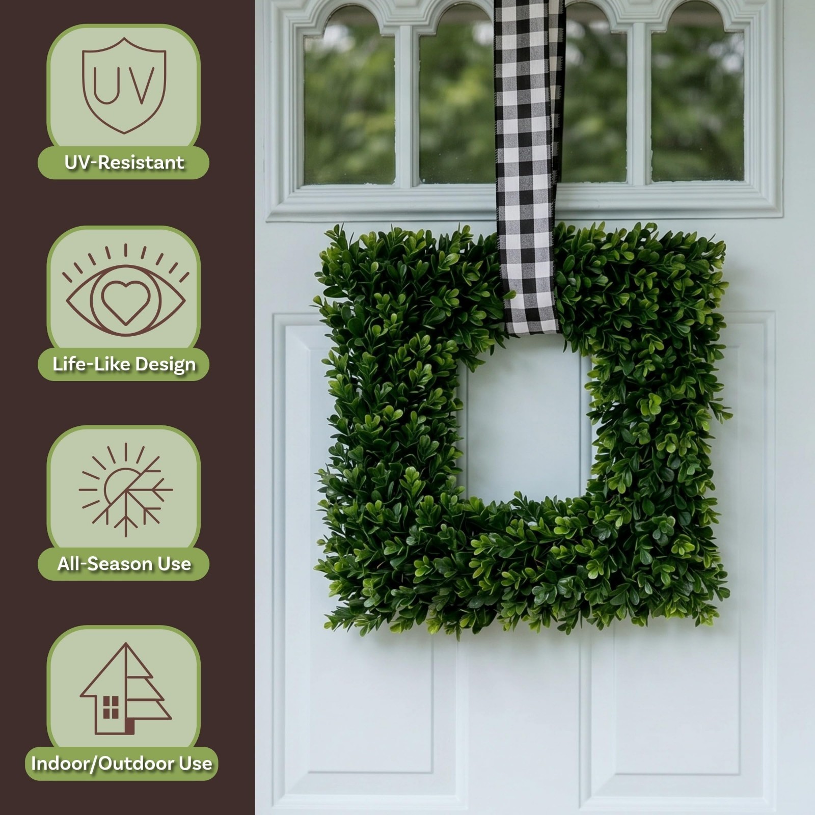 Set of 2 16.5-Inch Square Artificial Boxwood Wreaths – Year-Round Indoor/Outdoor