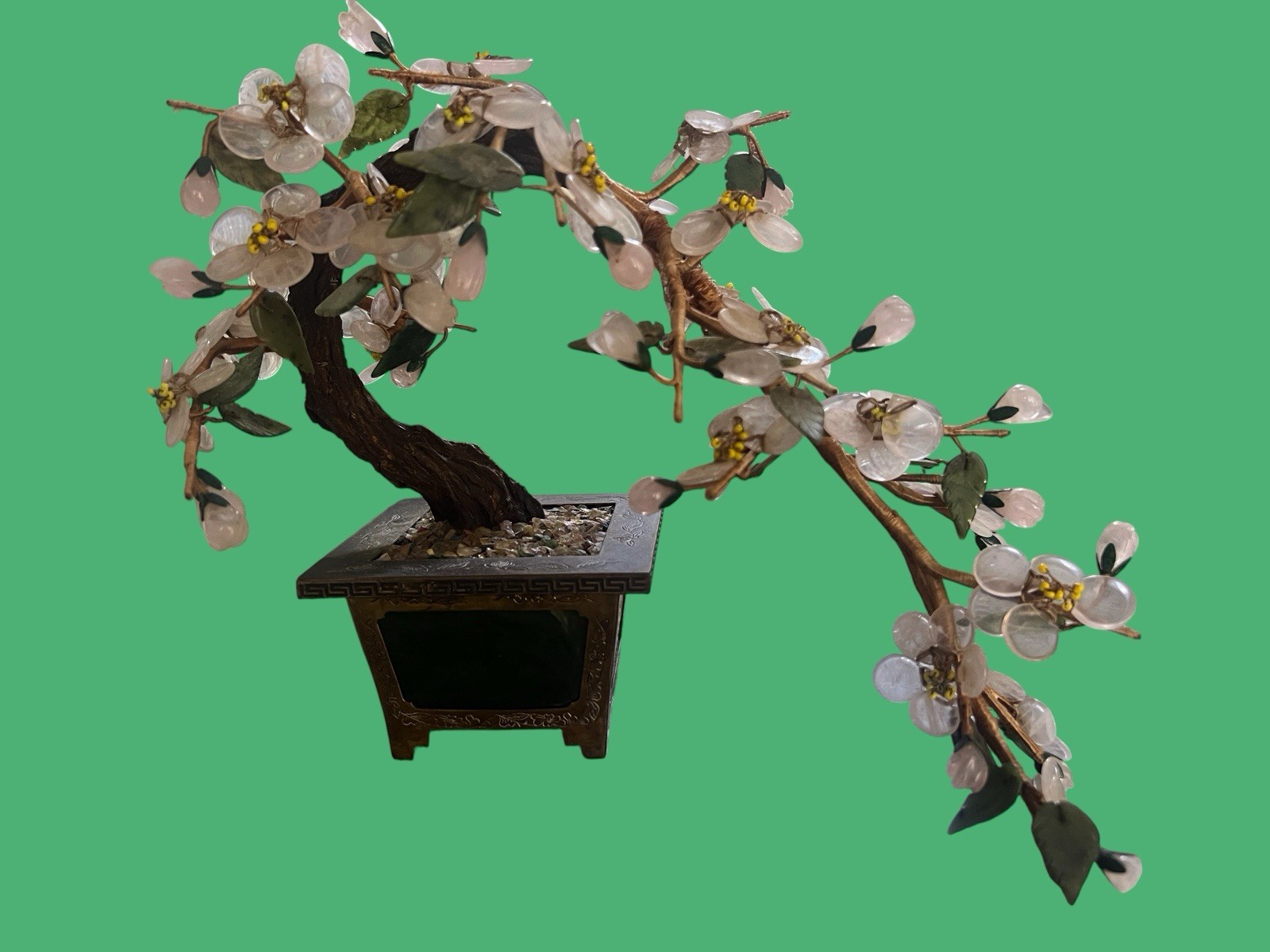 Rose Quartz Gemstone Bonsai Tree Hand Wired Sculpture Asian Feng Shui Decor