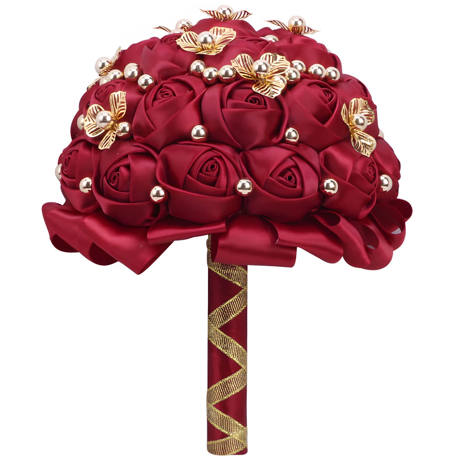 7 Inch Burgundy Wedding Bouquet Satin Flower Bridal Holding Brooch Toss
