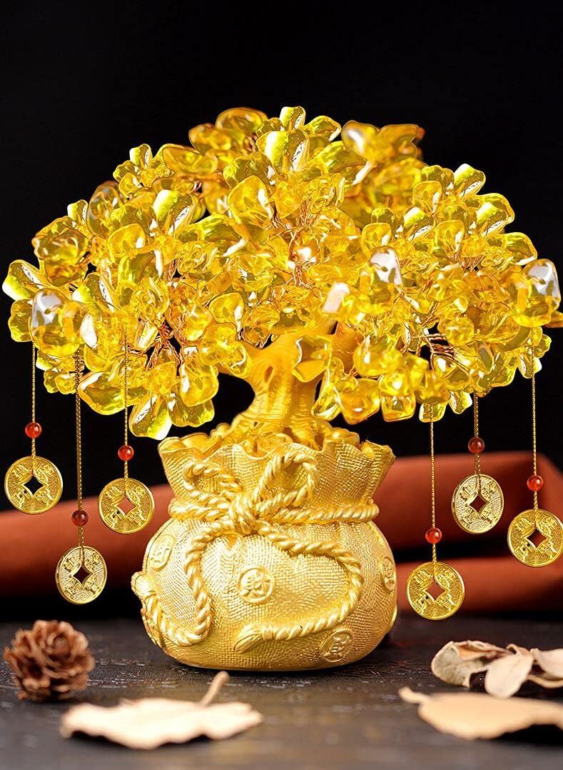 Feng Shui Crystal Money Tree with Dragon Pot Citrine Hangs Lucky Gold
