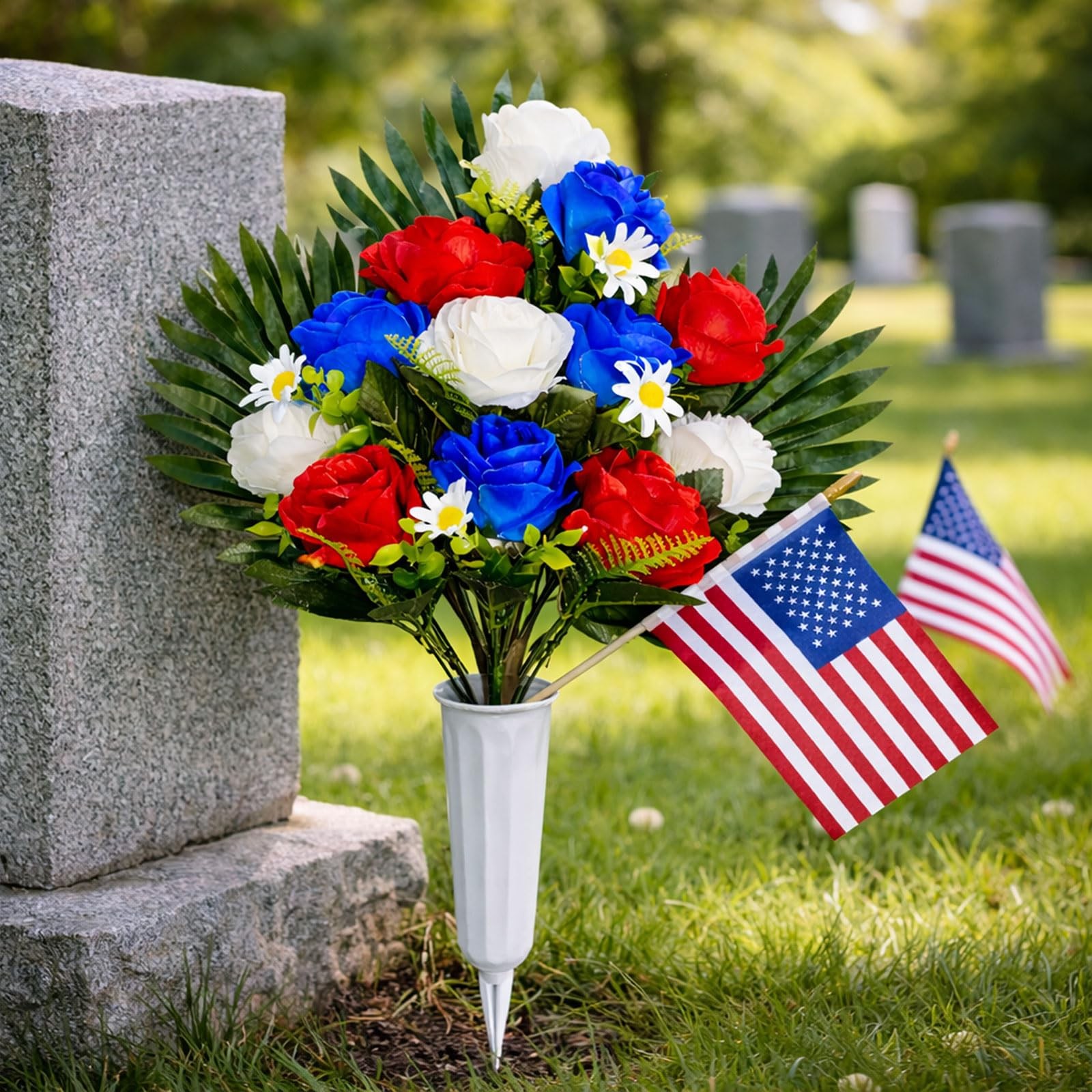 Memorial Day Flowers for Cemetery, 2 Sets Red White and Blue Grave Flowers fo…