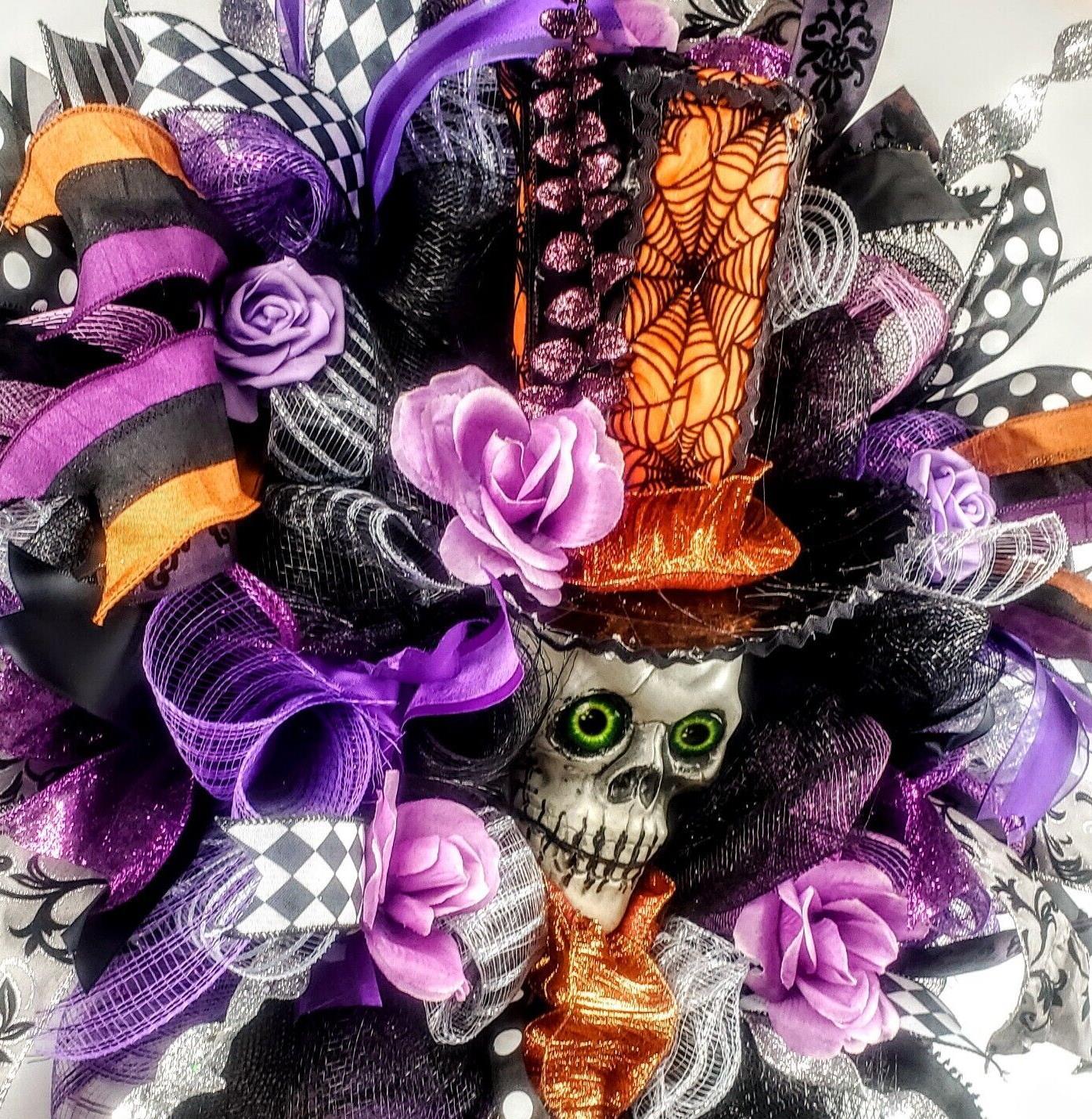Halloween Wreath Decoration Large Deco Mesh Skull Top Hat Front Door Decoration