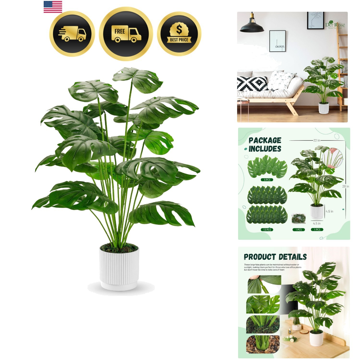 28″ Fake Plants Large Artificial Monstera Faux Potted Plants Indoor Tall for …