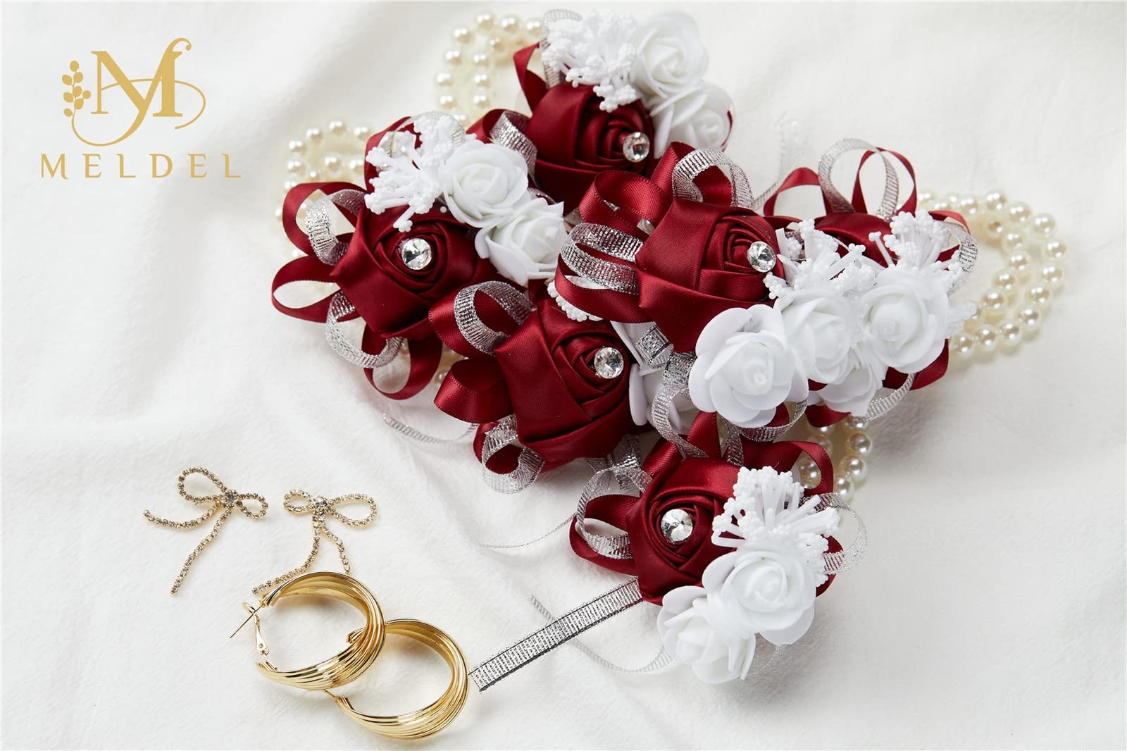 4 PCS Burgundy Wrist Corsage Wedding Rose Wine Red Set For Prom Bridal