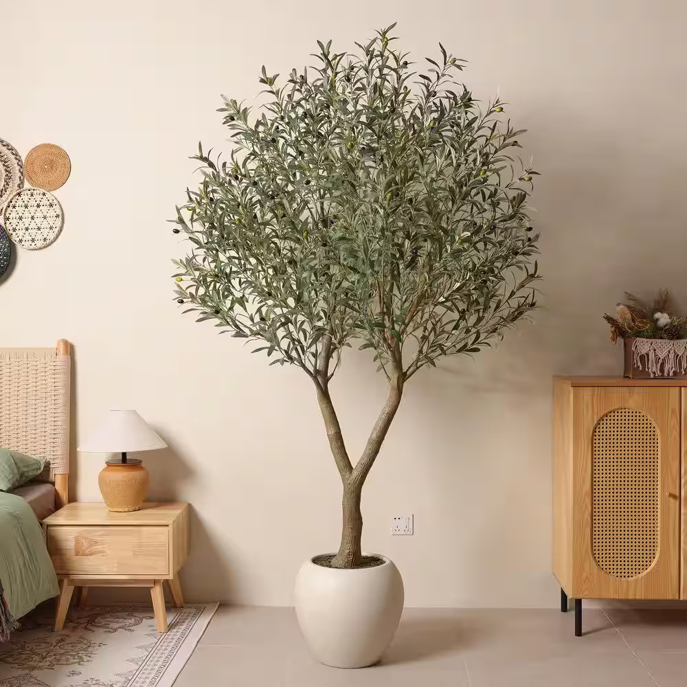 7 Ft. Artificial Olive Tree with White Planter, Fake Olive Silk Tree for Indoor