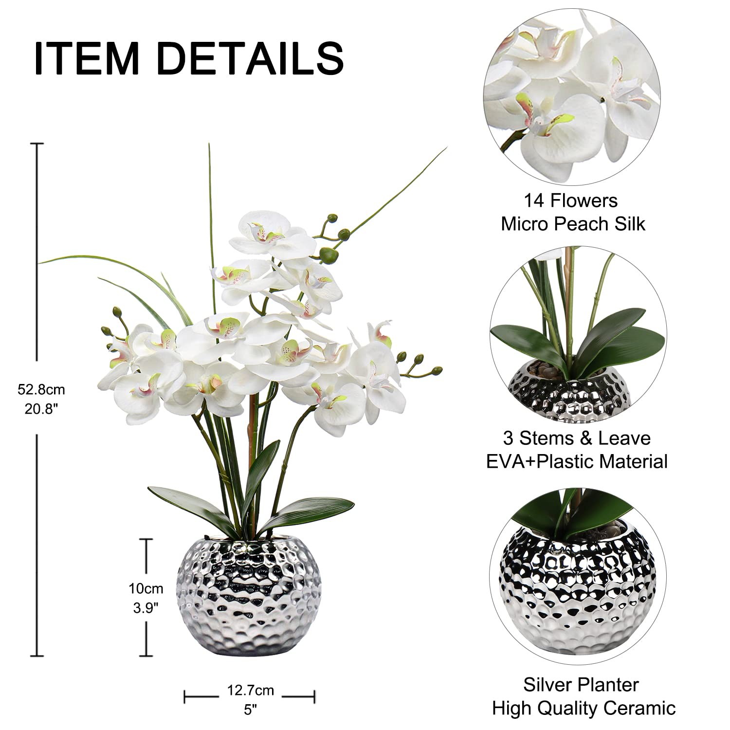 20.8″ White Artificial Phalaenopsis Orchid Flowers Silver Pot Home Centerpiece