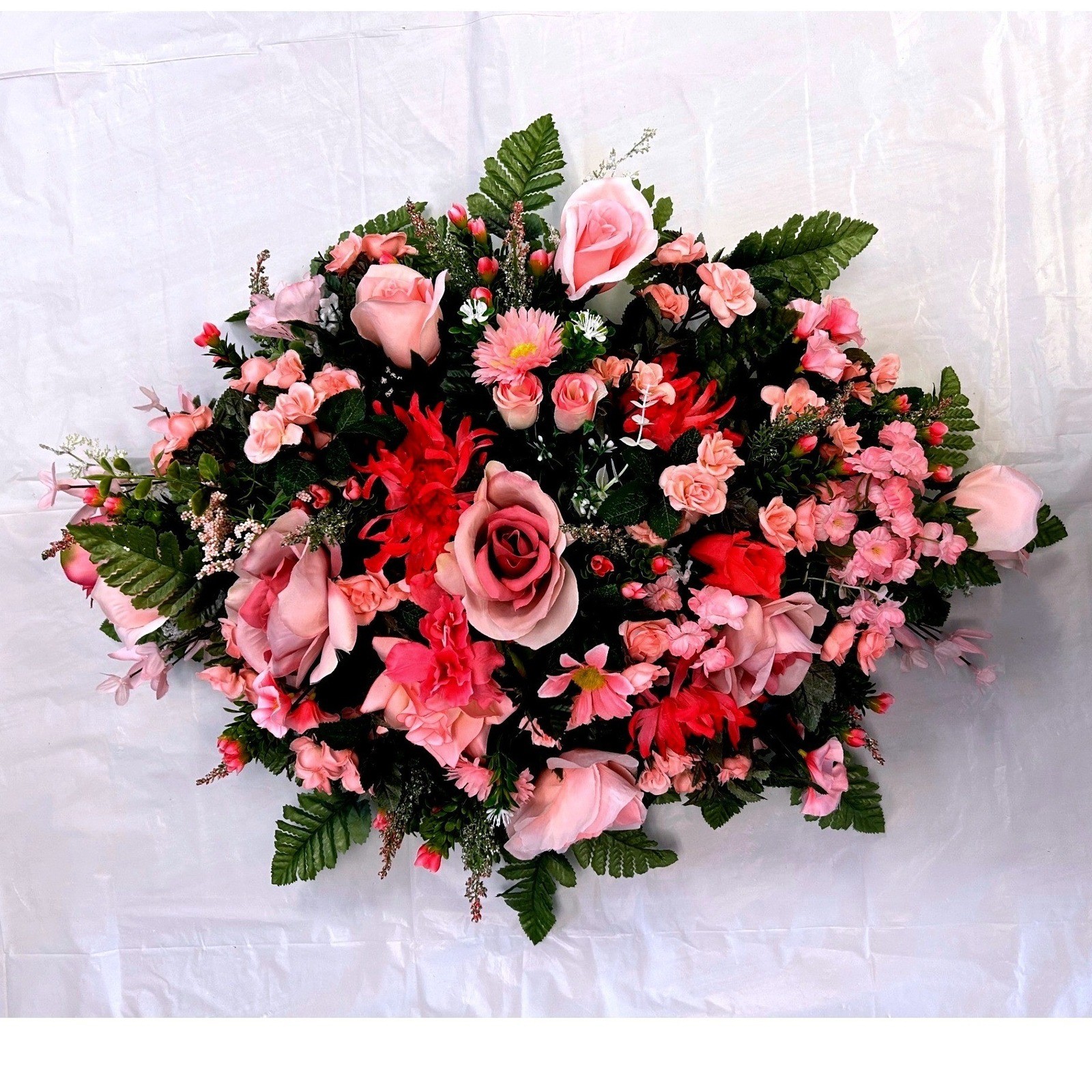 Pink Rose and Daisy Artificial Floral Cemetery Saddle Spray Arrangement 28in