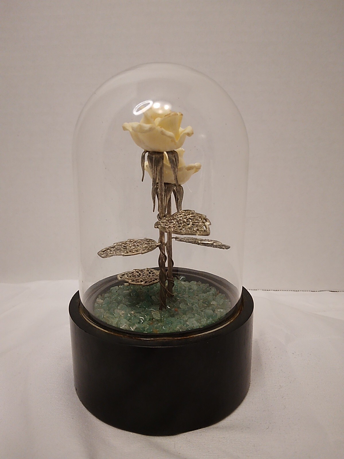 Glass Dome Display With Porcelain Roses On Silver Stems Wood Base NEEDS CLEANING