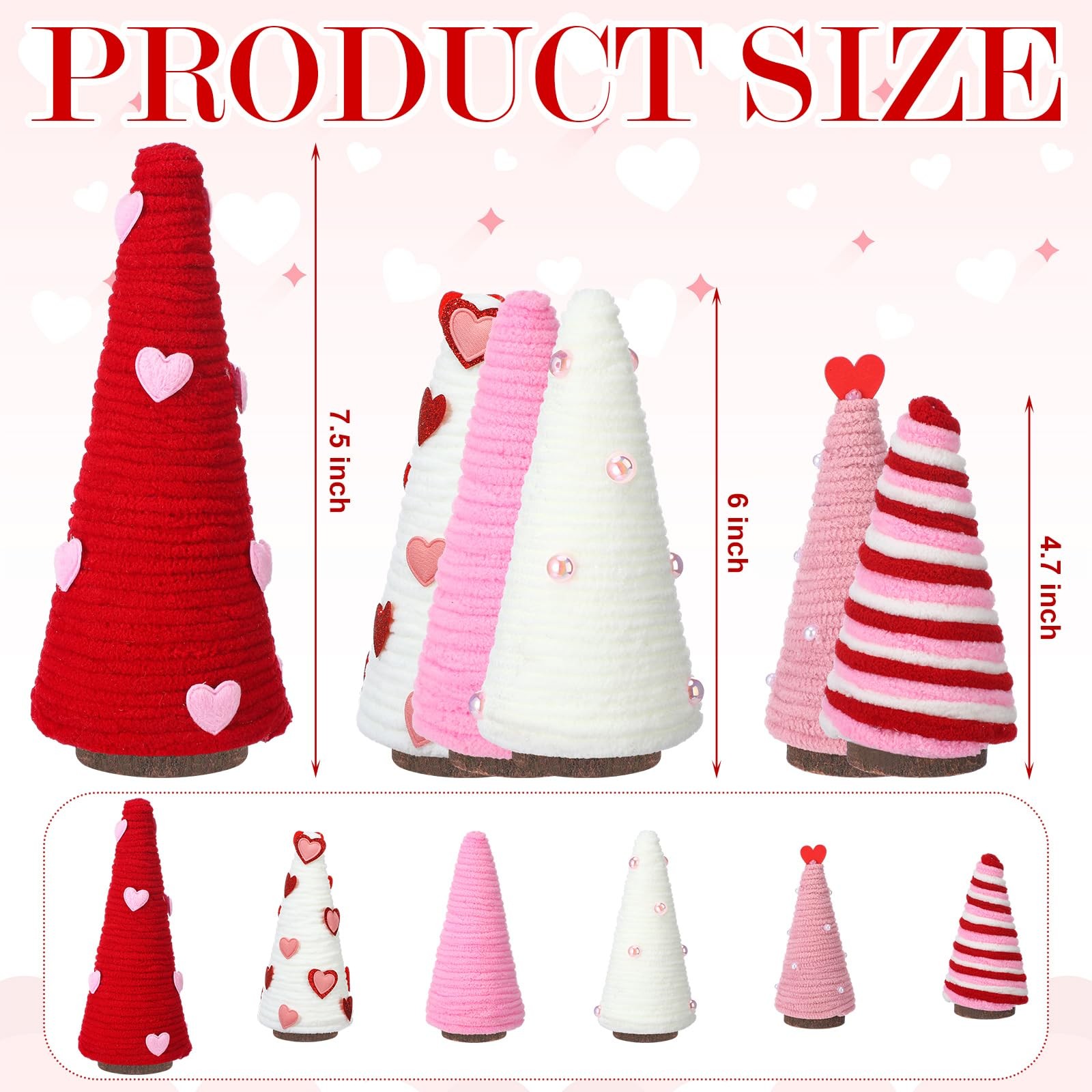 6 PCS Valentine Day Cone Tree Table Decor Mini Yarn Heart Pink Red White