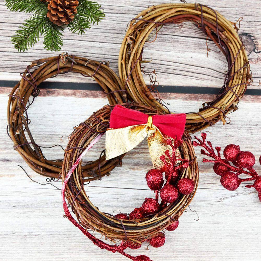 4 In. Brown Artificial Grapevine Wreath 16-Piece Set for Holiday Wedding Party D