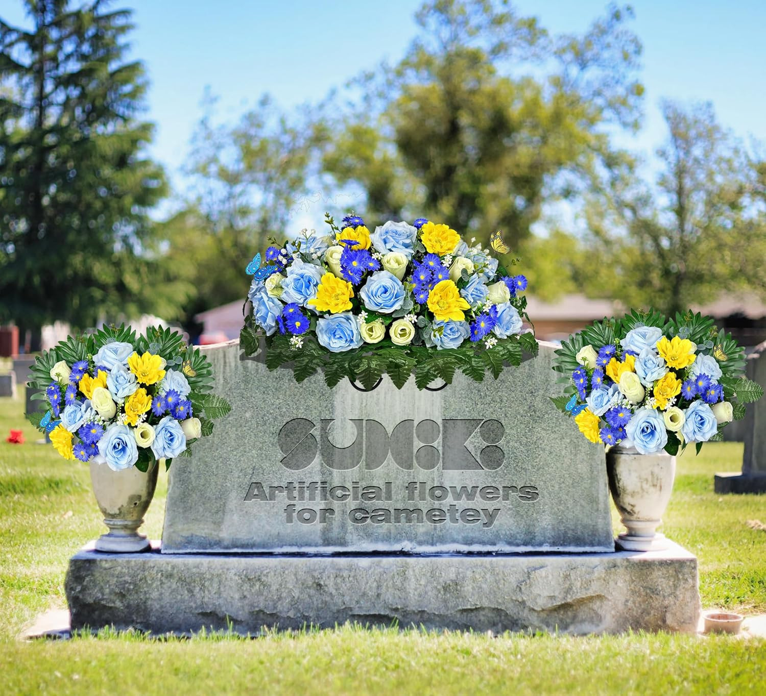 Elegant Silk Cemetery Flowers with Vases – Butterflies Included for Grave Decor