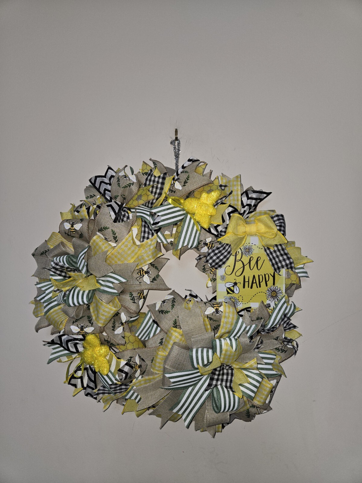 BEE happy WELCOME Spring Summer Fall Front Door Wreath Wall Decor Yellow Green