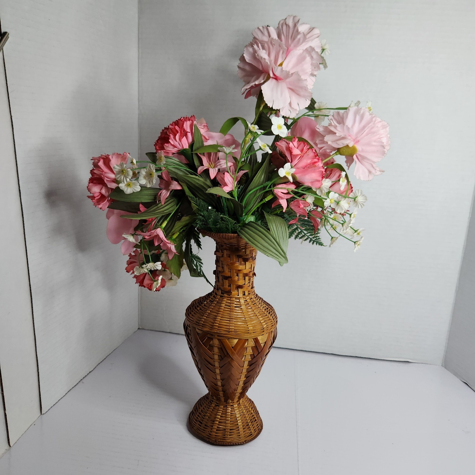 Vintage Woven Rattan Bamboo Vase w Faux Floral Arrangement Boho Cottage Decor