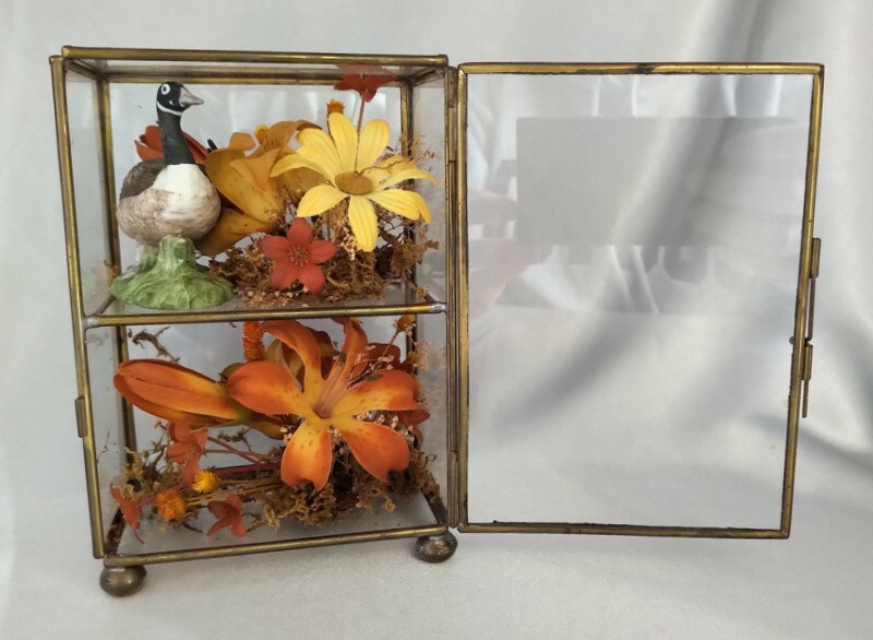 Lot (2) Vintage Octagon/Rectangle Glass Boxes w/ Dried Fall Floral Arrangements
