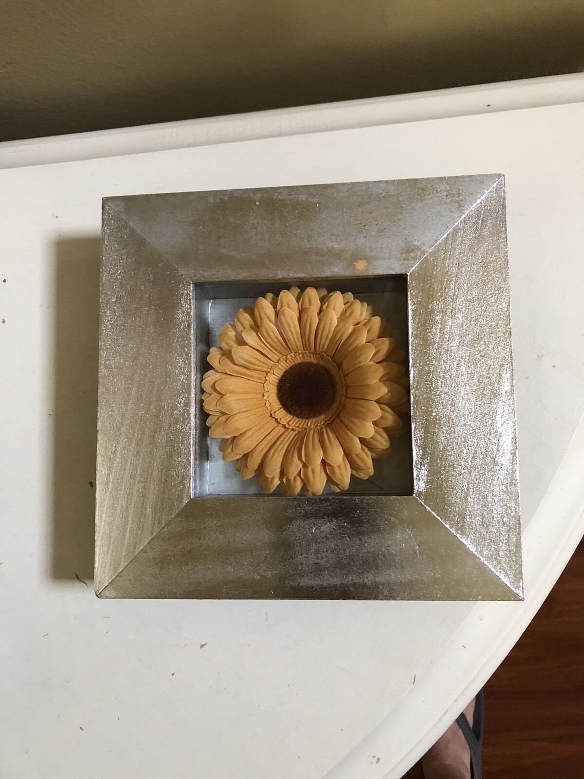 Pier 1 Vintage Silver Framed Shadowbox Gerber Daisy Yellow Decor Art Spring
