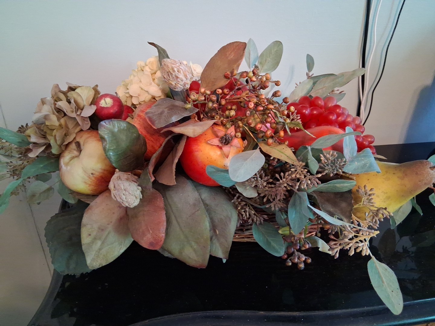 Large Vintage Faux Fruits and Flowers Centerpiece In Basket, Victorian Style