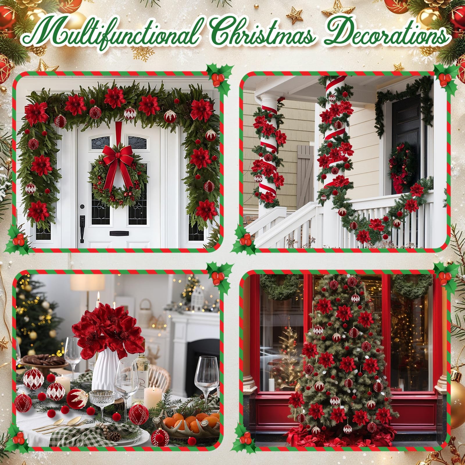 24 PCS Red Christmas 6.3 Inch Glitter Poinsettia Artificial Flowers Balls