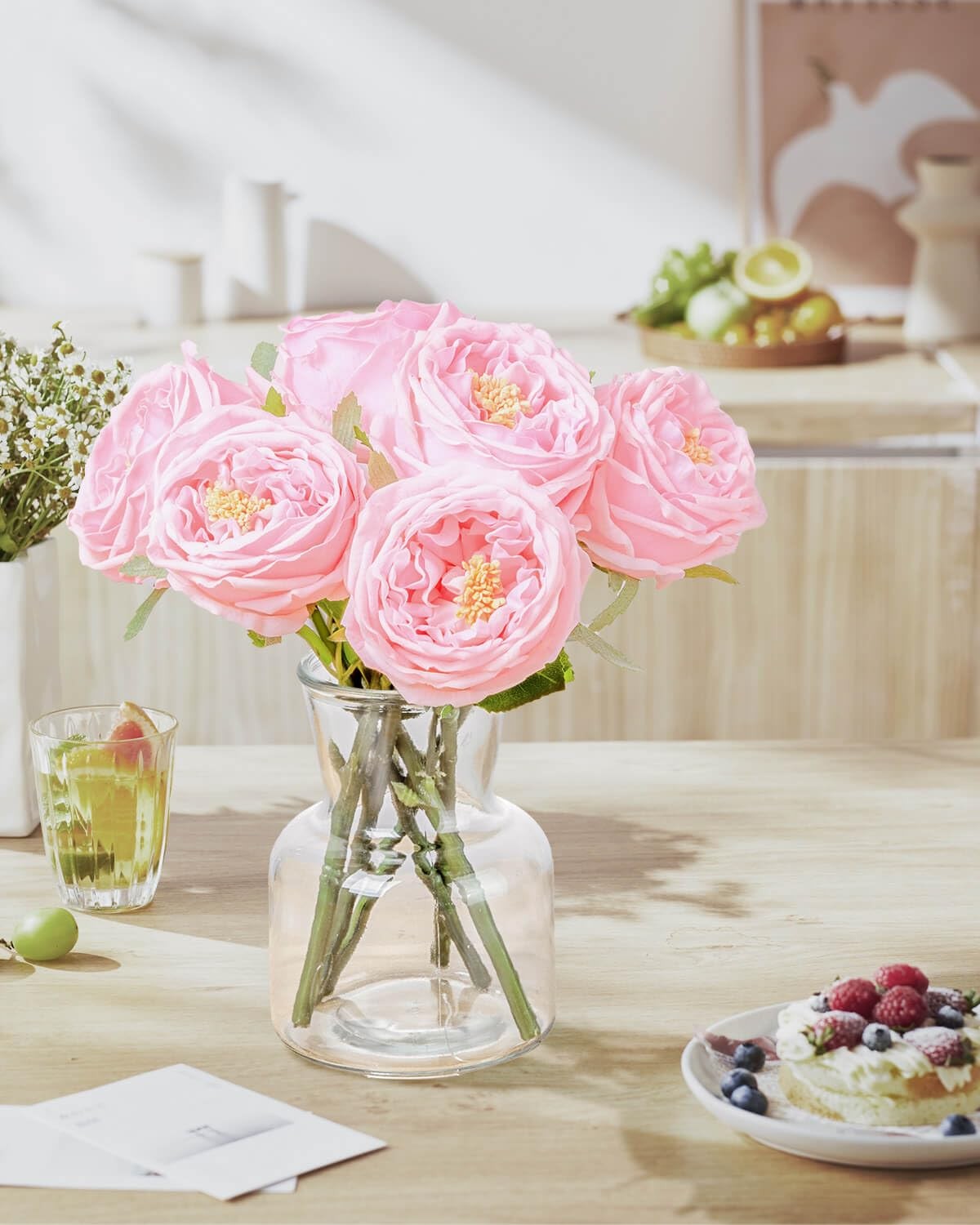 Pink Roses Peonies Artificial Flowers In Vase Faux Table Centerpieces Decor